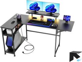 LEVSON L raidės formos žaidimų stalas 150 x 110 cm LED apšvietimas 6 lentynos Juodas metalinis rėmas Modernus stilius