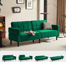 LINSY HOME Sofa su miego funkcija, sofa-lova su reguliuojamu atlošu ir porankiais, 3 sėdimų vietų sofa su miego funkcija, pagaminta iš aksomo audinio, 230 x 100 cm gulėjimo plotas, idealiai tinka svetainei (žalia)