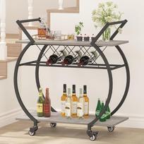 LVB Pramoninis virtuvės baro vežimėlis "Farmhouse Drink Service Liqueur Trolley" su ratukais, mediena ir metalas, riedantis vyno vežimėlis su laikymo skyriumi, mikrobangų krosnelės gėrimų vežimėlis namams (pilka)