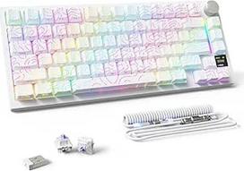 MAMBASNAKE "Attack Shark X820 Ultra Gaming Mechanical Keyboard" su BT/2.4G belaidžiu ryšiu/kabliu, QWERTY 75% TKL tarpinė "Hot Swap", TFT ekranas ir mygtukai, "Lightsync RGB Chroma", suvyniotas laidas, dovanų jungiklis/baltas