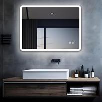 MIQU LED vonios veidrodis su apšvietimu, 80 x 60 cm, vonios veidrodis, didelis vonios veidrodis su 2 prisilietimais, reguliuojamu apšvietimu, šilta/balta šviesa, sieninis veidrodis nuo rūko, skirtas vonios kambariui, tualetui, prieškambariui, apvalūs kamp