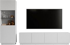 Mirjan24 Liwerio I svetainės kambario komplektas, sieninė svetainės kambario spintelė, sieninė spintelė, briaunuoti priekiai, komplekte: Vitrina, TV spintelė (balta)