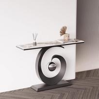 Modernus konsolinis staliukas - smėlio spalvos akmens viršus ir juodas metalinis pagrindas, minimalistiniai prieškambario ir svetainės baldai, stilingas sofos staliukas prieškambaryje (120 x 30 x 80 cm)