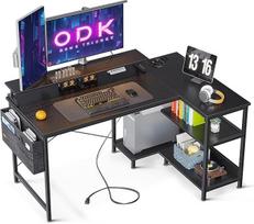 ODK L formos žaidimų stalas, 120 x 80 cm L formos stalas su lentyna, kampinis stalas su USB įkrovimo prievadu ir lizdu, kampinis stalas su monitoriaus stovu biurui, namų biurui, juodas
