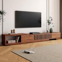 OLEYLUCKIDEA Vidurio amžiaus moderni televizoriaus spintelė, skirta 80+ colių televizoriui, ištraukiama televizoriaus lentyna su laikymo erdve (nuo 198 cm iki 262 cm), riešutmedžio spalvos namų pramogų centras, skirtas svetainei, miegamajam