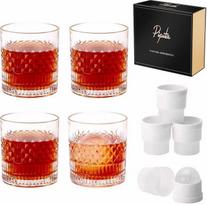 PIPITA Krištolo viskio stiklinių rinkinys su 4 ledo rutuliukų formelėmis ir prabangia dėžute, bešvinis viskio bokalas "Whisky Tumbler Crystal" 335 ml, senovinis viskio stiklinių rinkinys vyrams
