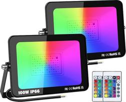 RIGIDON 2 pakuotės RGB prožektorių 100 W 10000 LM RGB LED prožektorius su nuotolinio valdymo pulteliu 16 spalvų 4 režimai IP66 Vandeniui atsparus RGBW spalvą keičiantis prožektorius lauke, skirtas vakarėliams, sodui, medžiui, kraštovaizdžiui, diskotekoms