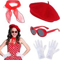 Rockabilly priedai Moterų raudona 50s 60s 1950s prancūzų suknelė priedai Beret skrybėlę šalikas akiniai nuo saulės pirštinės derliaus drabužių rinkinys karnavalo tema šalis Retro Teily šalis