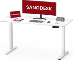 SANODESK reguliuojamo aukščio stalas 110 x 60 cm su ištisiniu stalviršiu - kompaktiškas stovimas stalas ir sėdimasis stalas mažoms erdvėms, ergonomiškas ir stilingas, baltas