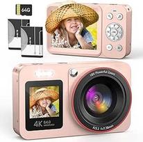 Skaitmeninis fotoaparatas 4K 64MP Vlogging Photo Camera Kompaktiškas fotoaparatas 18X skaitmeninio priartinimo fotoaparatas vaikams su 2 ekranais, 2 baterijomis, 64GB SD kortele vaikams paaugliams pradedantiesiems Rausva