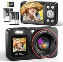 Skaitmeninis fotoaparatas 4K 64MP Vlogging Photo Camera Kompaktiškas fotoaparatas 18X skaitmeninis priartinimas vaikams su 2 ekranais, 2 baterijomis, 64GB SD kortele vaikams paaugliams pradedantiesiems, juodas