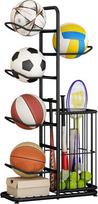Sporto inventoriaus garažo organizatorius, krepšinio laikymo lentyna, nuimamas stovintis stelažų laikiklis su 5 kamuolių laikikliais ir krepšiais, regbio, tinklinio, futbolo laikymo lentyna