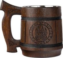 TESLYAR Vikingų puodelis 0,6 l - medinis alaus puodelis su gyvybės medžio graviūra - alaus dovana, vikingų taurė, viduramžių puodelis, alaus puodeliai, dovana alaus mėgėjams, tėvo dienos dovana (vilko letenos rudos spalvos)
