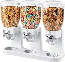 Trigubas grūdų dozatorius stalviršiui 2 l, sandarus grūdų konteineris saugojimui, bendra talpa 6 l, skirtas virtuvės spintelėms, besisukantis sausų maisto produktų dozatorius saldumynams, riešutams, kavos pupelėms, baltas