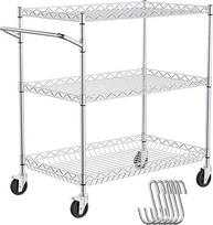 VEVOR virtuvės vežimėlis, 3 pakopų 300 kg talpos laboratorinis vežimėlis, chromuotas serviravimo vežimėlis, valymo vežimėlis, transportavimo vežimėlis, sandėliavimo vežimėlis su įleidžiamu krepšeliu ir 6 kabliukais, skirtas patalpoms ir patalpoms