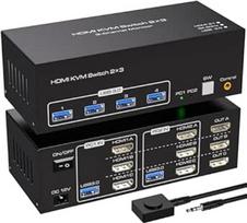 VPFET 4K144Hz HDMI KVM jungiklis 3 monitoriams 2 kompiuteriams 8K60Hz 2 kompiuterių trijų monitorių jungiklis su 4 USB 3.0 prievadais klaviatūrai, pelei ir spausdintuvui prijungti, įskaitant 2 USB 3.0 kabelius ir DC12V
