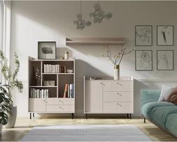 Wohnzimmer Set in sandbeige feine Struktur Highboard Kommode Wandboard Knopfgriff goldfarben Metallfüße schwarz