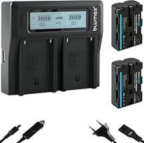 2 x "Blumax" baterija, suderinama su "Sony NP-FM500H 1650 mAh + LCD dvigubas įkroviklis NP-FM500 NP-FM55H, skirta "Sony Alpha 99" - A77 A99 II - DSLR A850 A900 - VG-C99AM