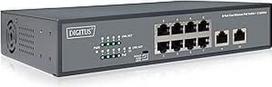 DIGITUS Fast Ethernet PoE+ tinklo komutatorius - 19 colių - 8 prievadai + 2x Uplink RJ45 - IEEE802.3af/at - 120 W galios biudžetas - juodas