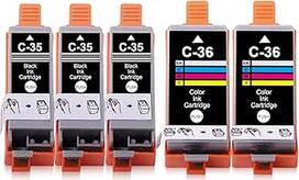 PGI-35 CLI-36 rašalo kasetės CAN PGI 35 CLI 36 PGI35 CLI36 CAN IP100 IP110 IP110WB IP100WB Mini260 Mini320 Mini320 TR150 TR160 (3 juodos spalvos, 2 spalvotos)