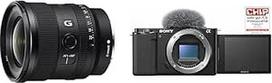"Sony SEL-20F18G" pilno formato E-Mount objektyvas (FE 20 mm F1.8, itin plataus kampo, lengvas), juodas ir "Alpha ZV-E10" APS-C veidrodinis fotoaparatas su keičiamu objektyvu