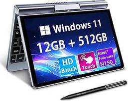 8 colių mažas mini nešiojamasis kompiuteris, nešiojamasis besisukantis "2-in-1" kišeninis kompiuteris, "Windows 11 Pro", "Intel N100" 4 branduolių, 12GB LPDDR5 RAM, 1 TB M.2 SSD, HD jutiklinis ekranas, "WiFi 6", "Gigabit Ethernet