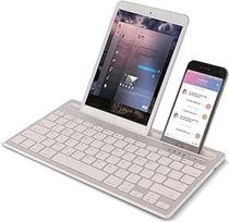 Belaidė "Bluetooth" klaviatūra, nešiojamoji įkraunama tyli QWERTY klaviatūra, 78 klavišai, palaiko 2 įrenginių perjungimą, su integruotu stovu, skirta "iPad", planšetiniams kompiuteriams, išmaniesiems telefonams (sidabrinė)