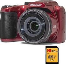 Kodak Pixpro Astro Zoom AZ255 + SD atminties kortelė 32GB - Skaitmeninis tilto fotoaparatas 16 MP, 25x priartinimas, HD 1080p vaizdo įrašas, 24 mm platus kampas, 3 LCD ekranas, AA baterija - raudona