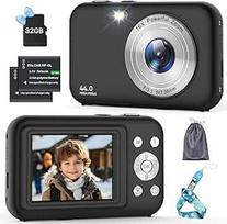 Skaitmeninis fotoaparatas, fotoaparatas su 32GB kortele, 44 MP 1080P vaikiškas fotoaparatas su 16x skaitmeniniu priartinimu, kompaktiškas fotoaparatas, įkraunamas fotoaparatas su 2 baterijomis, fotoaparatas vaikams, paaugliams,