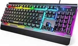 TECKNET KUMARA mechaninė klaviatūra, visiškai apsaugota nuo vaiduoklių, vaivorykštinė LED, laidinė USB klaviatūra, 105 klavišai, aliuminio metalo plokštė su nuimama riešo atrama žaidėjams