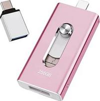 USB atmintinė iPhone 256GB, [MFi Certified] 4-in-1 atmintinė iPhone nuotraukoms, vaizdo įrašams, perkėlimui ir atsarginiam kopijavimui, 【be programėlės】 iPhone išorinei saugyklai, suderinama su iOS/Android/PC/Mac, rožinė