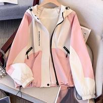 Girls' Hooded Color Block Windbreaker - Korean Style Casual Jacket for Spring & Autumn 2025, Medium & Large Sizes. 170 juoda