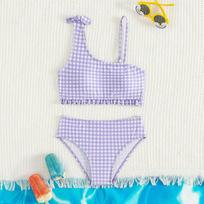 Naujas vasarinis vaikiškas dalinis maudymosi kostiumėlis mergaitėms, bikini komplektai 5-14 metų, aukštu liemeniu, violetinis languotas mergaitiškas maudymosi kostiumėlis 5-6 years old violetinė