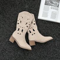 Popular mid-tube hollow boots women's summer knight boots 2025 boots suitable for summer wear cowboy boots cool boots 35 chaki