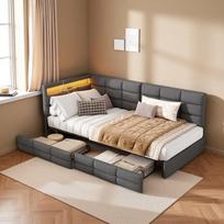 Sofa-lova 90x200 cm, apmušta lova su LED, USB ir 2 stalčiais, lininis audinys, pilka