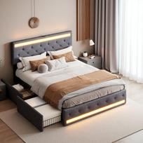 Dvigulė lova 140 x 190 cm, apmušta lova su LED apšvietimu, USB jungtimi ir 4 stalčiais, paaugliams ir suaugusiems, pilka patalynė, čiužinys neįskaičiuotas