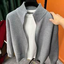 Men's Half-High Collar Zipper Cardigan: Autumn/Winter Loose Casual Knitwear, Korean Style Sweater Jacket M pilka spalva