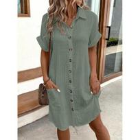 Cotton Linen Women Summer Casual V Neck Shirt Dress Button Down Simple S rožinė