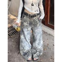 Retro Washed Star-printed Ripped Jeans for Women Street Loose Casual Wide-leg Scimitar Trousers S