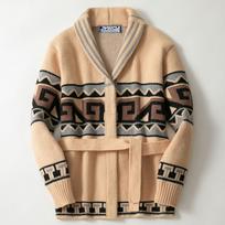 Men's Autumn Winter Mid-Length Thick Knit Jacquard Belted Cardigan Sweater Coat SY0205 X-Large chaki