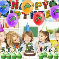 34pcs Banner Balloons & Cake Toppers Set For Ninja Turtles Themed Birthday Party