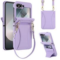 Samsung Flip6/7 Leather Crossbody Phone Case with Card Slot & Tempered Film Protection Galaxy Z Flip 3 smėlis