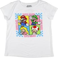 Septyni kartus šeši Super Mario mergaitės languotas tinklelis Mario Luigi Peach Toad panelė Vaikų trumpomis rankovėmis marškinėliai S balta