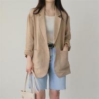 2025 Spring/Summer Women's Minimalist Linen Herringbone Long Sleeve Casual Suit Jacket Extra Large chaki