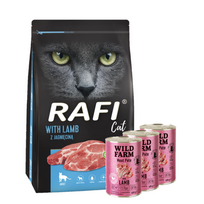 DOLINA NOTECI Rafi Cat sausas kačių maistas su ėriena 7 kg + WILD FARM Paštetas su ėriena 3x400g - ėdalas katėms be glitimo