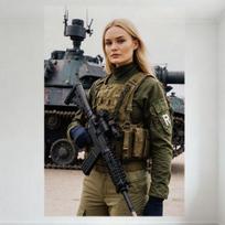 Seksuali šviesiaplaukė moteris kariniame apdangu su automatiniu šautuvu, tanko fone, metalinis skardinis ženklas, vintažinė sienų dekoracija barui, užeigai, namams, kavinei 8x1 20x30cm（7.8x11.8inch）