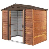 Outsunny metalinis sodo namelis medžio imitacijos dizainu 3 m² 152 x 235,7 x 208,7 cm įrankių laikymo pastogė su dvišlaičiu stogu, langu, dvigubomis stumdomomis durimis, atsparus oro sąlygoms lauko sodo namelis kiemui, rudos spalvos