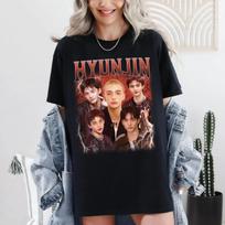 Hyunjin Stray Kids Printed T-shirt Women's Retro Trendy Style Top Spring/Summer Pure Cotton Unisex Short Sleeve T-shirt S