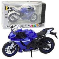 Metalinis sportinio motociklo modelis su šviesos ir garso efektais R1 1:12, mėlynas