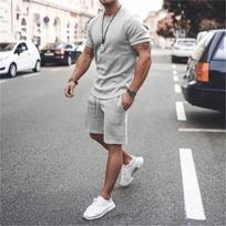 Vyriški vasariniai 2 dalių laisvalaikio sportinės aprangos kostiumų rinkiniai, vienspalviai, fitnesui, laisvi sportiniai kostiumų rinkiniai, vyriški marškinėlių trumpomis rankovėmis ir šortų rinkiniai Asian sizeXXXL